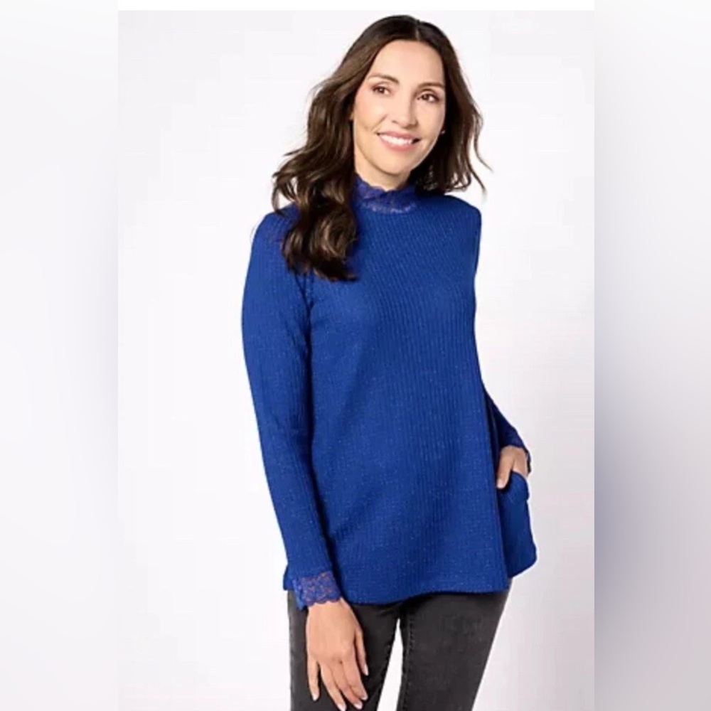 LOGO LORI GOLDSTEIN  SWEATER WITH POCKET METALLIC BLUE LACE TRIM Sz L